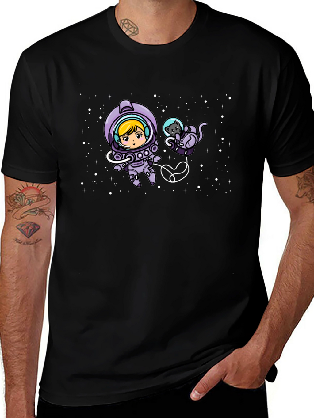 Astronaut Girl & Cat Space Black T-Shirt