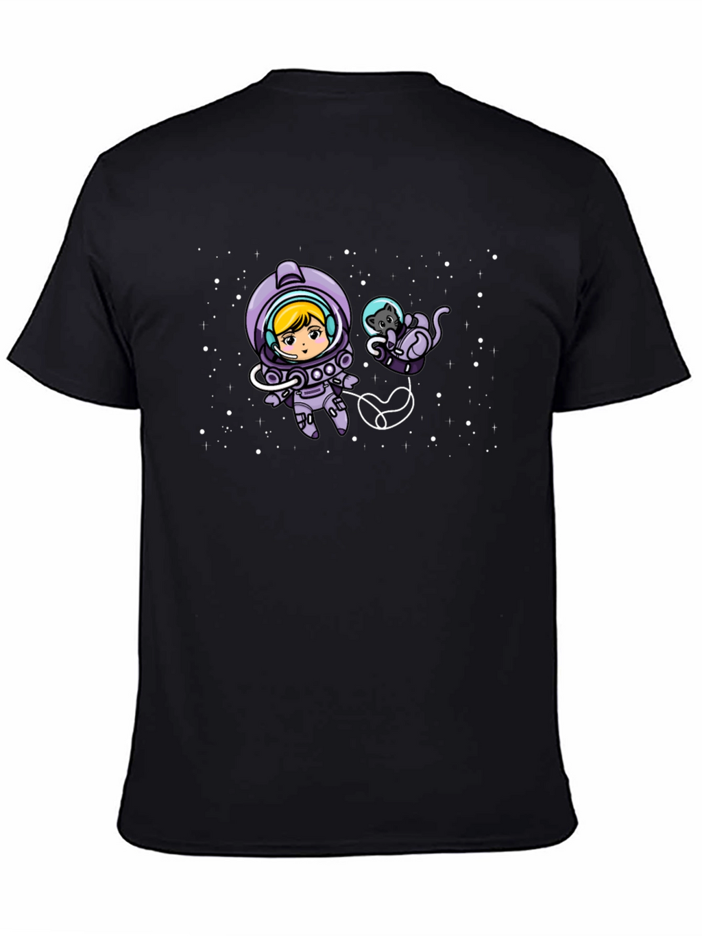 Astronaut Girl & Cat Space Black T-Shirt