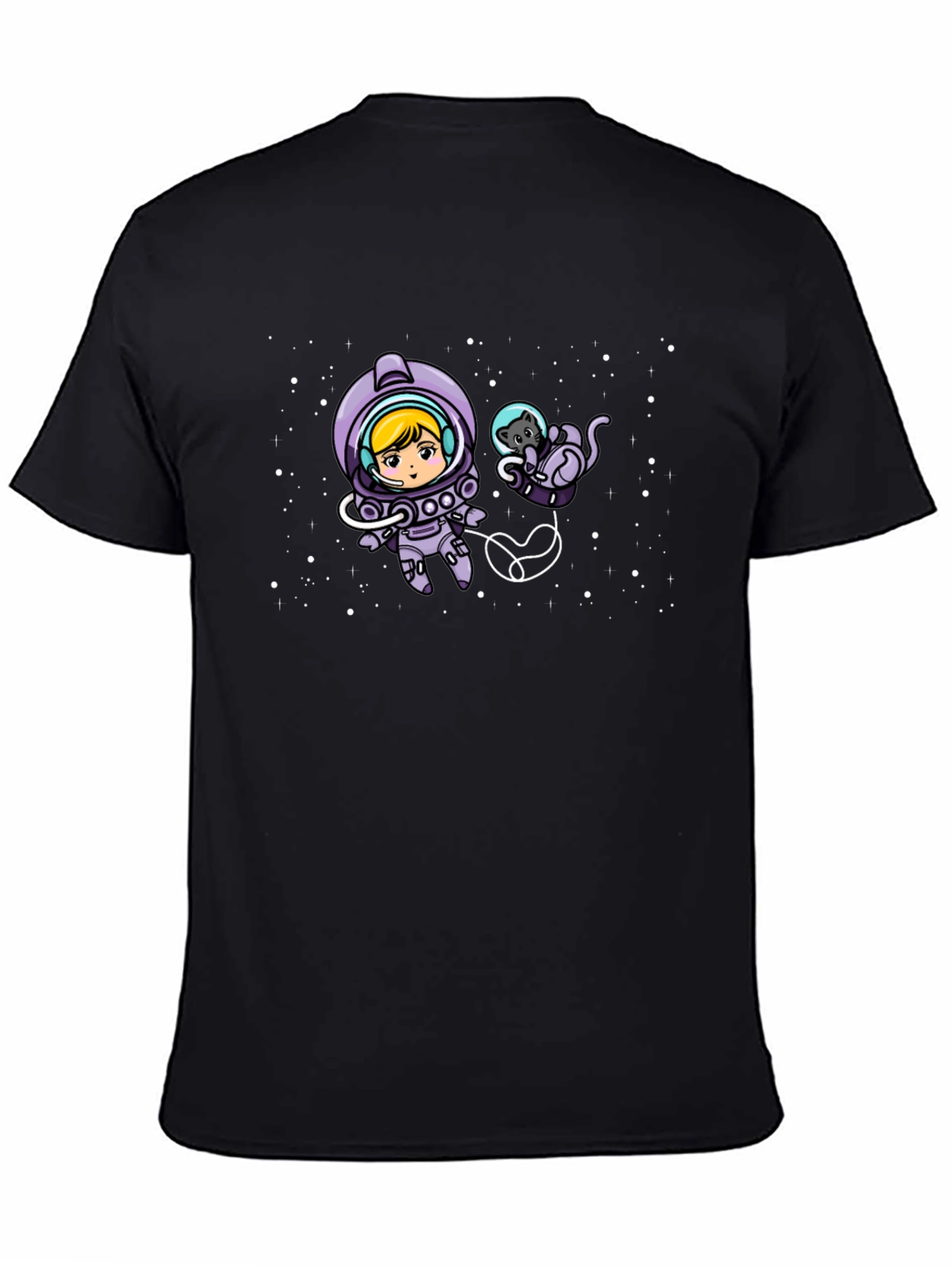 Astronaut Girl & Cat Space Black T-Shirt