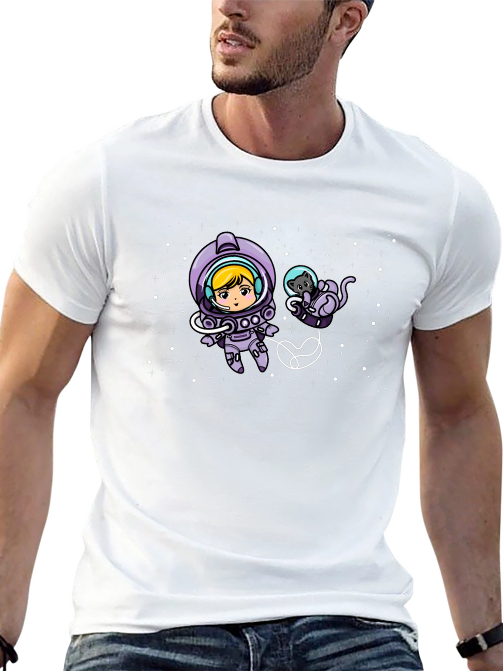 Astronaut Girl & Cat Space Black T-Shirt