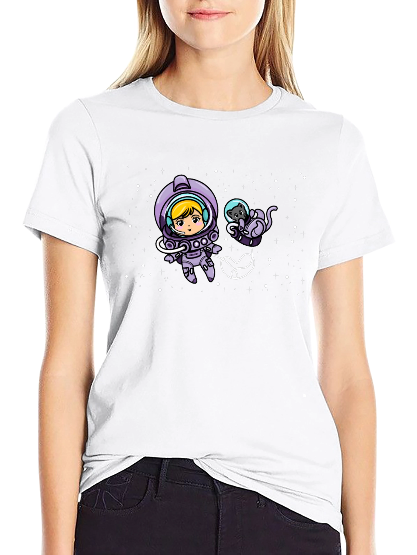 Astronaut Girl & Cat Space Black T-Shirt