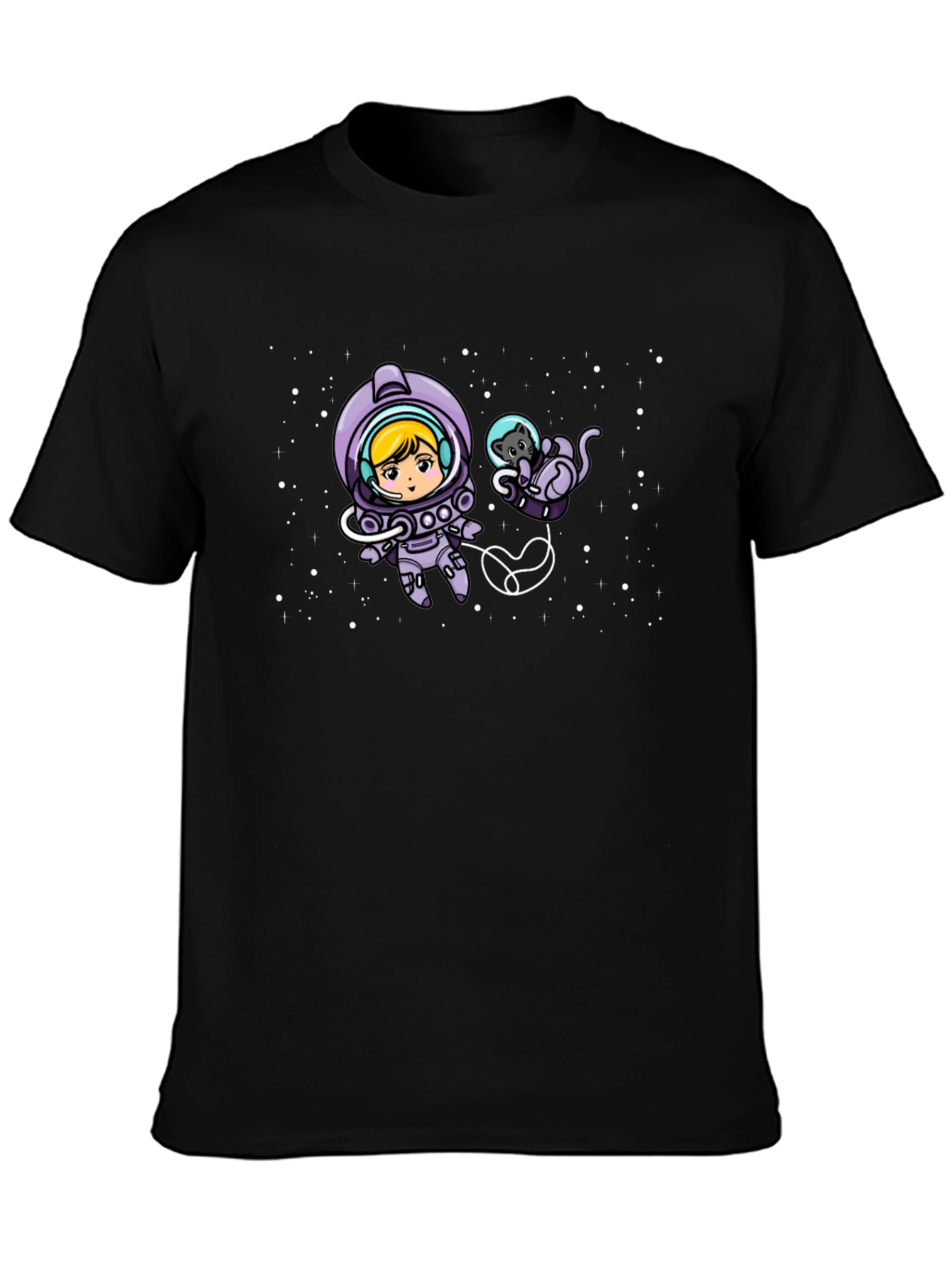 Astronaut Girl & Cat Space Black T-Shirt