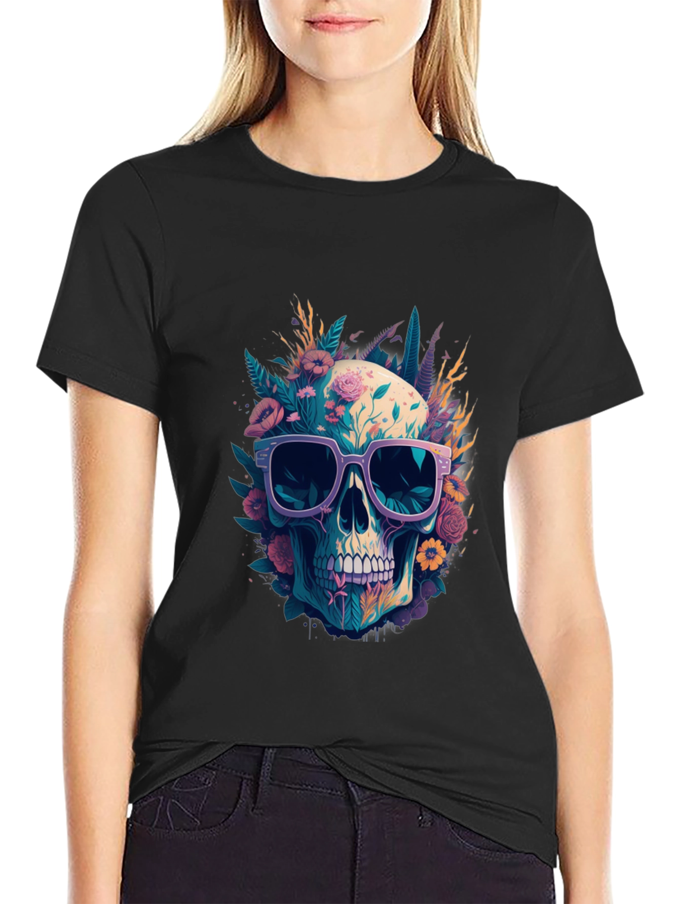 Floral Skull T-Shirt with Sunglasses - Unique Design