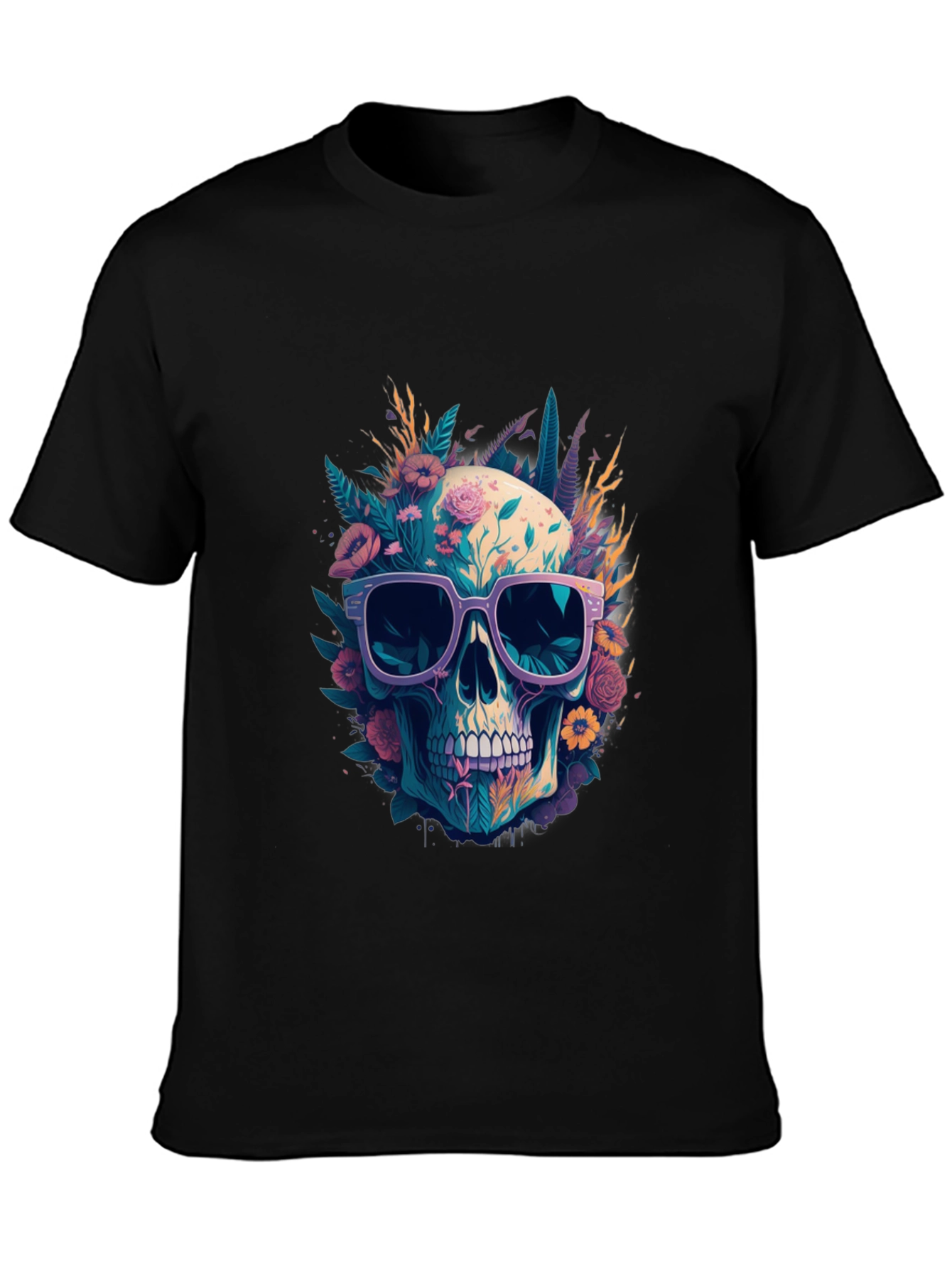 Floral Skull T-Shirt with Sunglasses - Unique Design