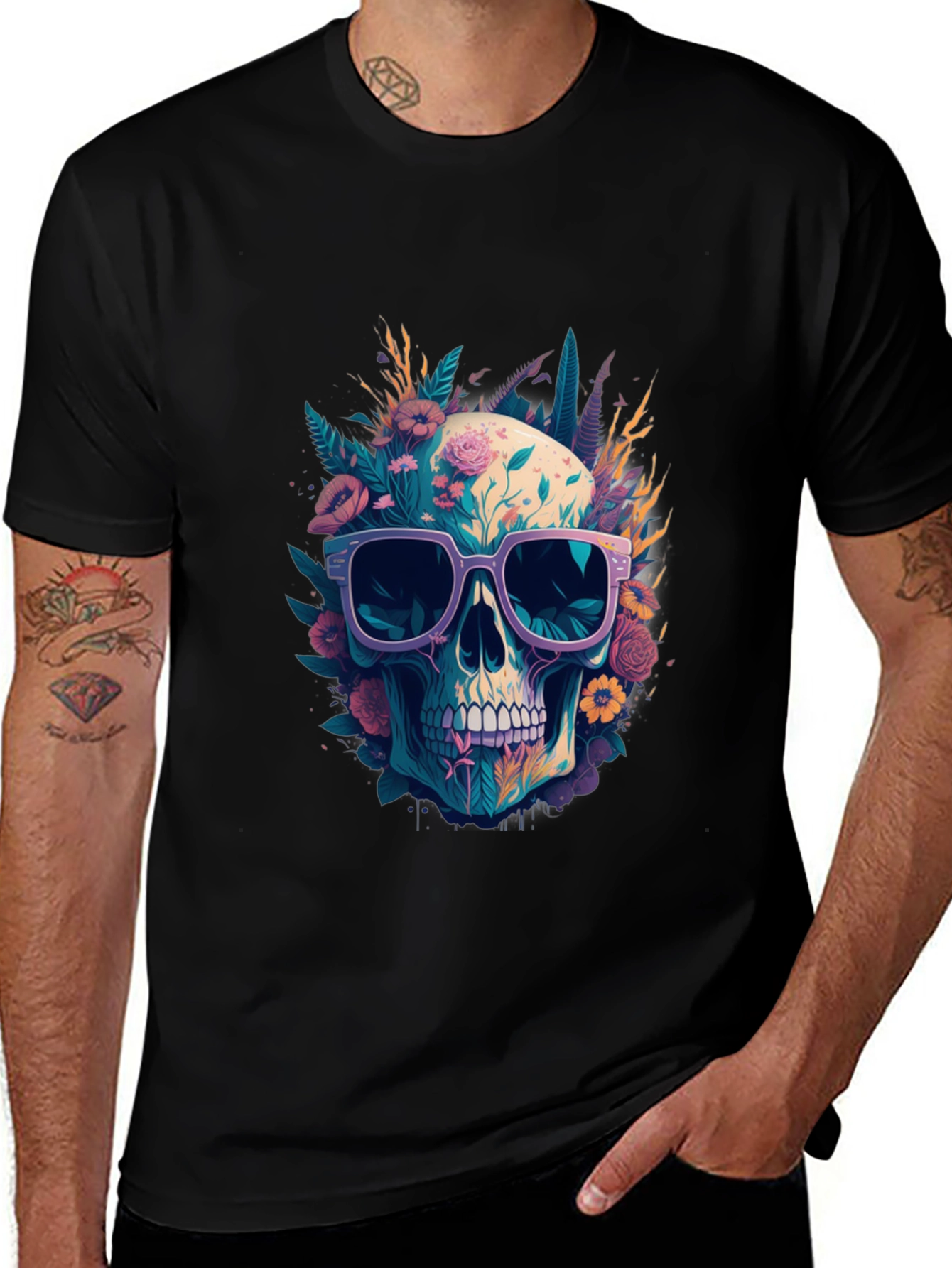 Floral Skull T-Shirt with Sunglasses - Unique Design