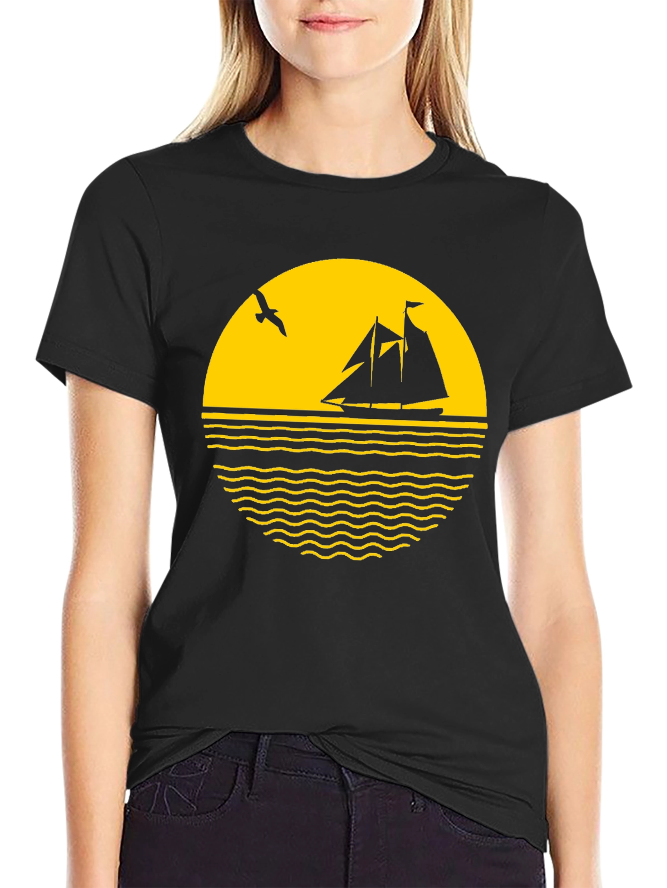Nautical Sunset Graphic Tee - Black Cotton Blend