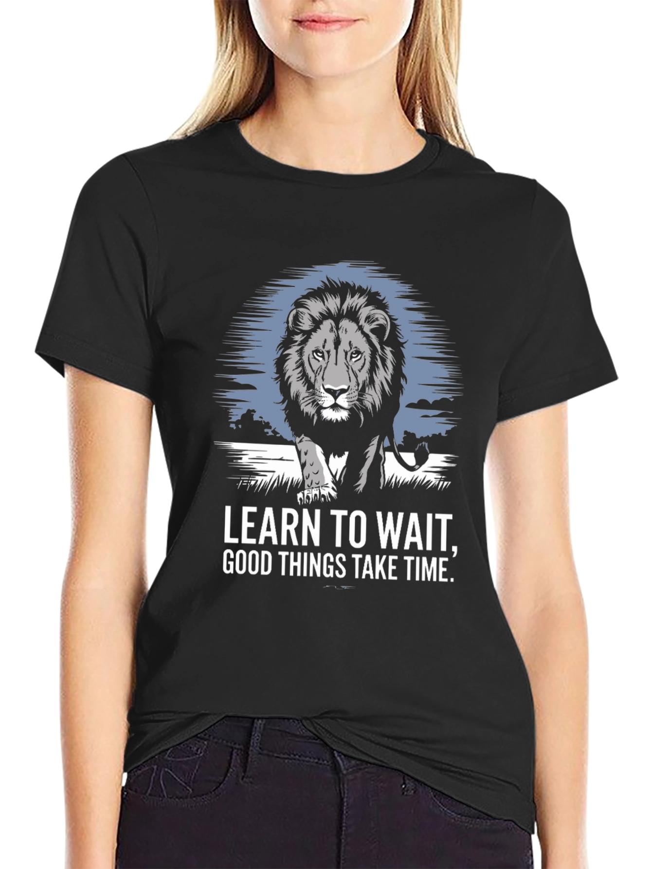Lion Graphic Print T-Shirt - Learn To Wait