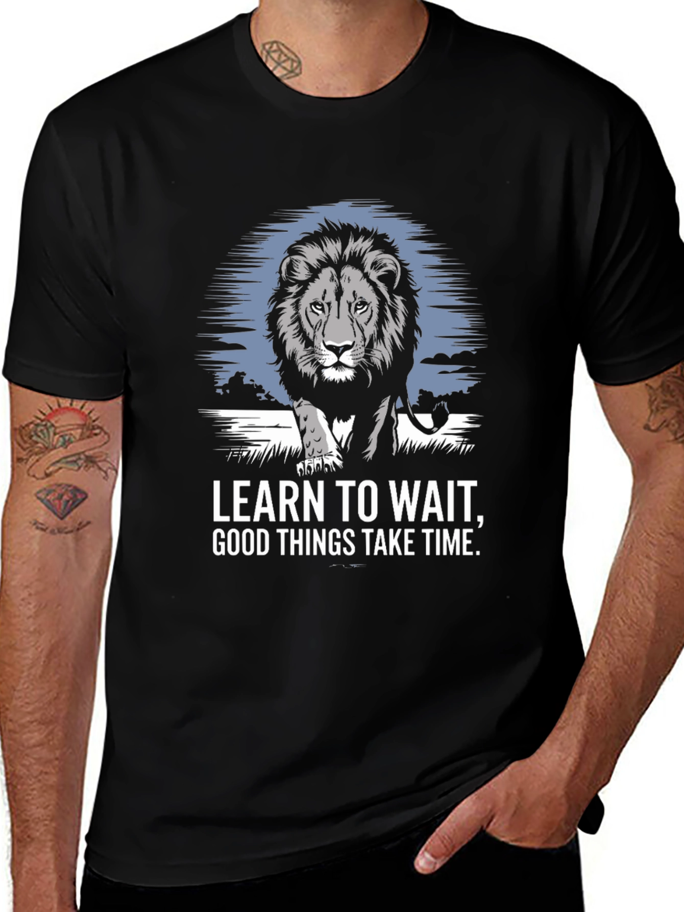 Lion Graphic Print T-Shirt - Learn To Wait