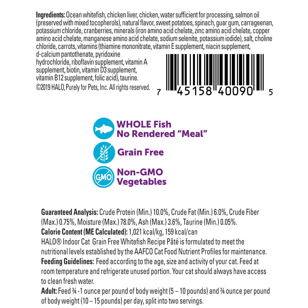 Halo Grain Free Indoor Cat Whitefish Pate Canned Cat Food