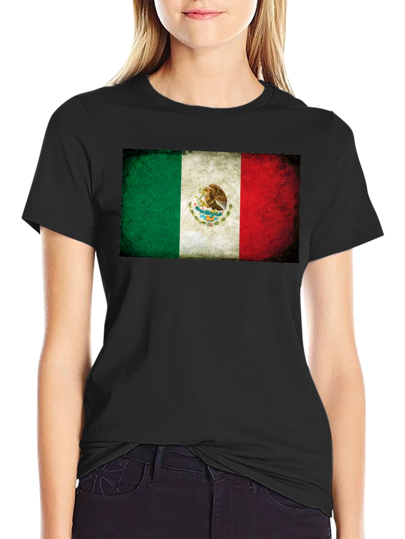 Mexico Flag Graphic Tee - Black Crew Neck T-Shirt