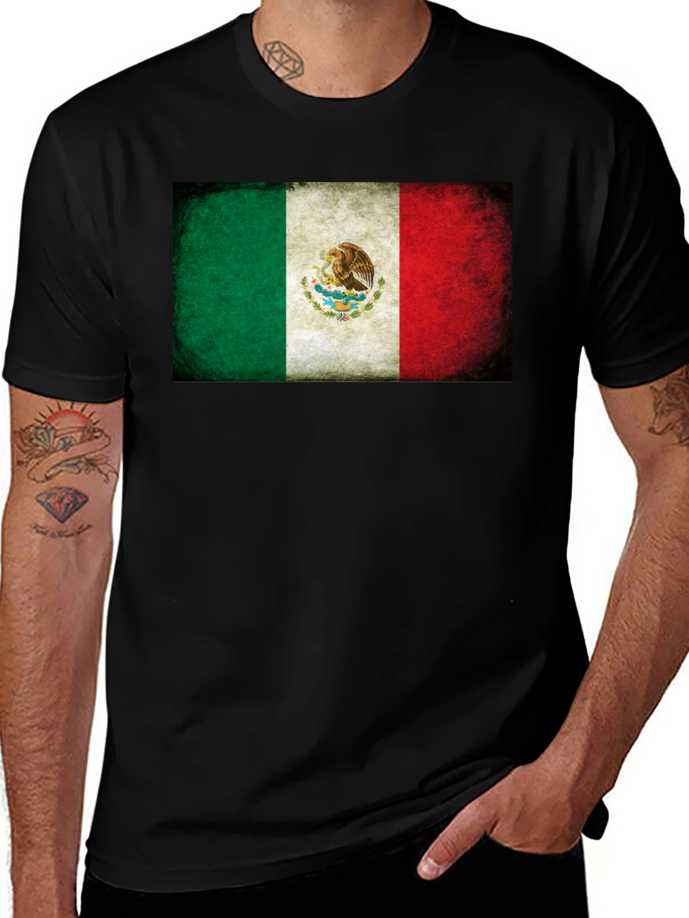Mexico Flag Graphic Tee - Black Crew Neck T-Shirt