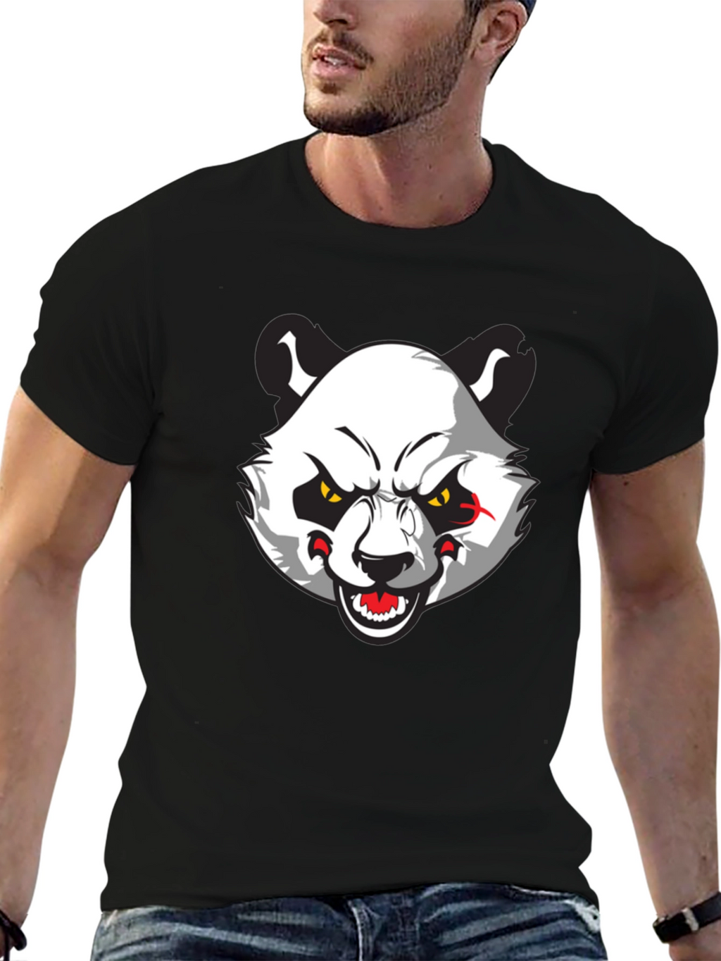 Mens Black T-Shirt with Angry Panda Graphic