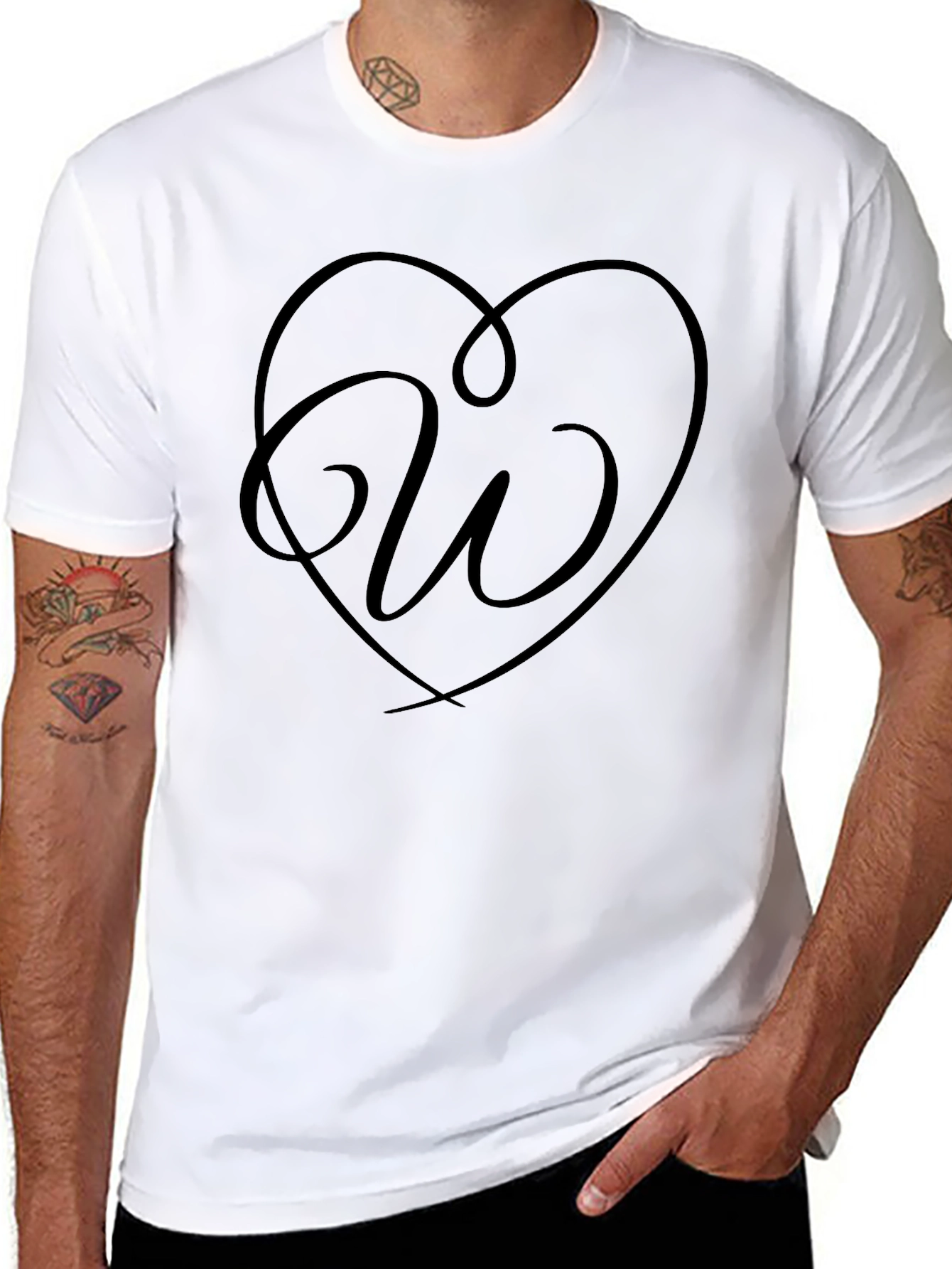 Heart Initial W Graphic Black T-Shirt