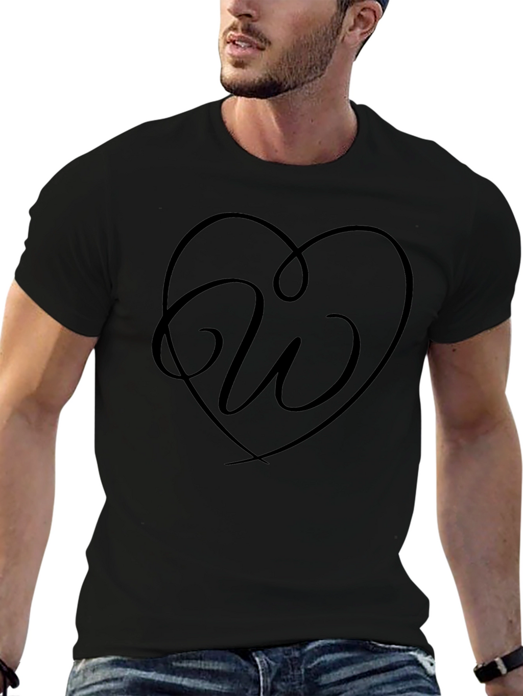 Heart Initial W Graphic Black T-Shirt