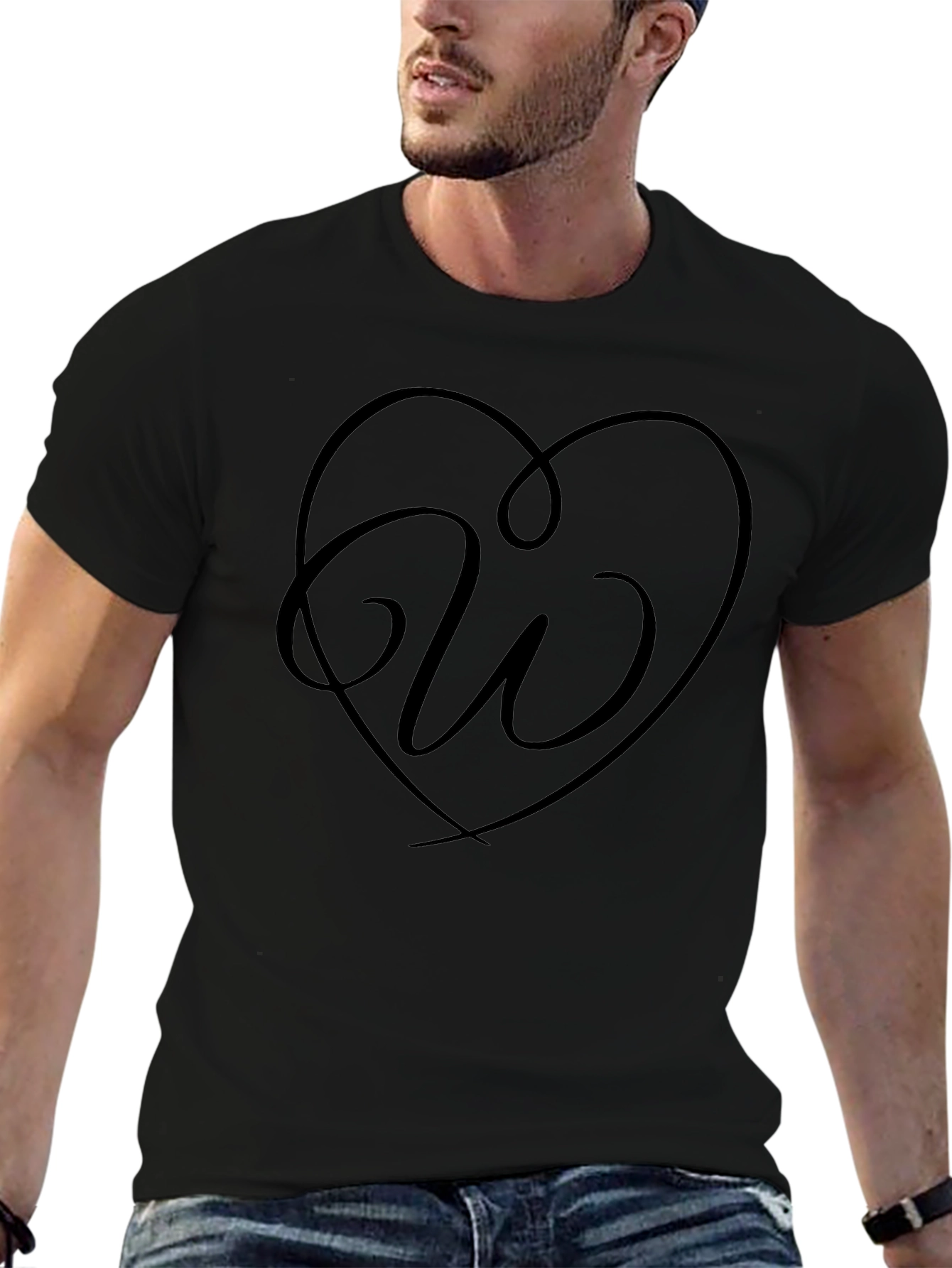 Heart Initial W Graphic Black T-Shirt