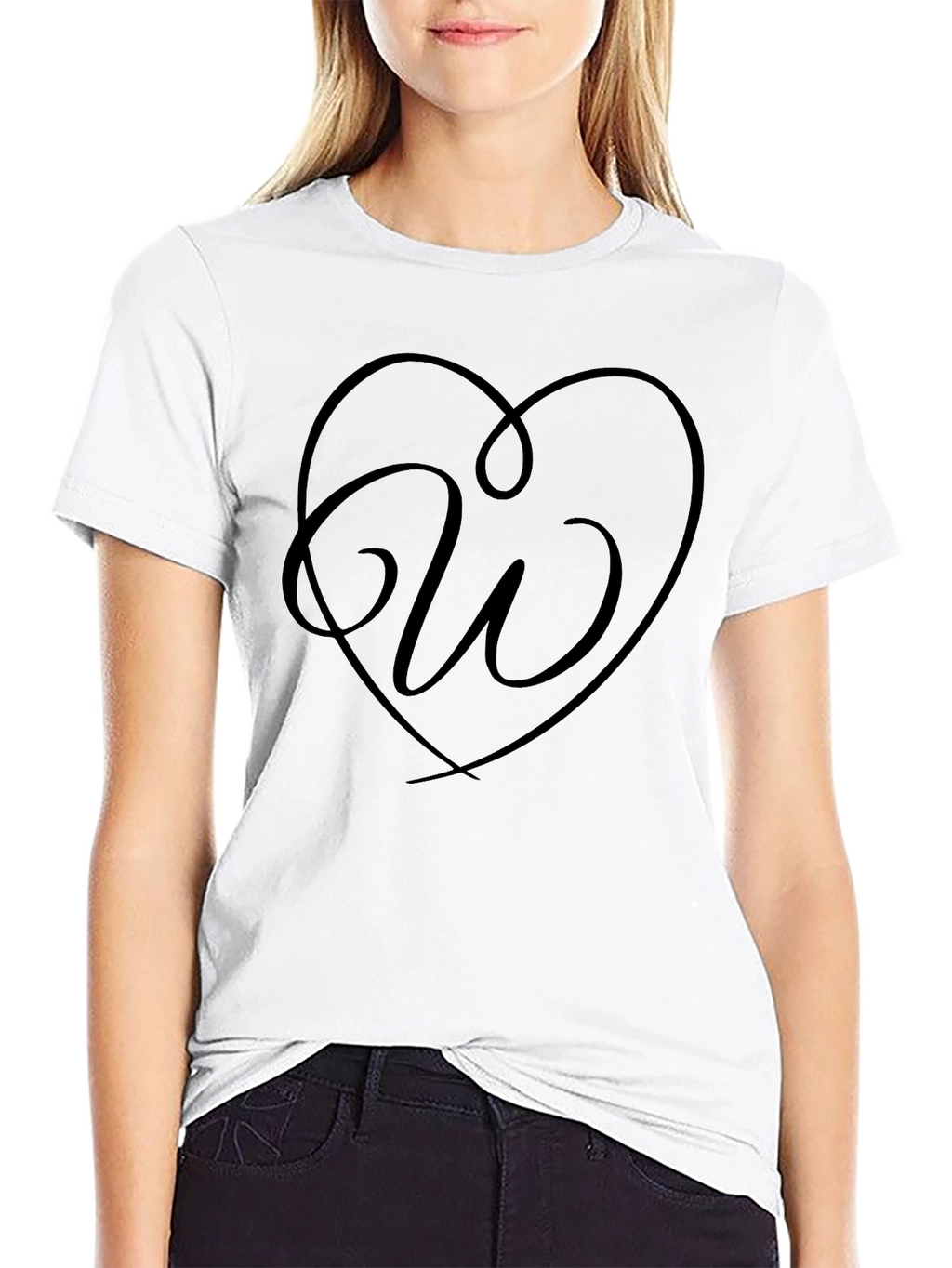 Heart Initial W Graphic Black T-Shirt