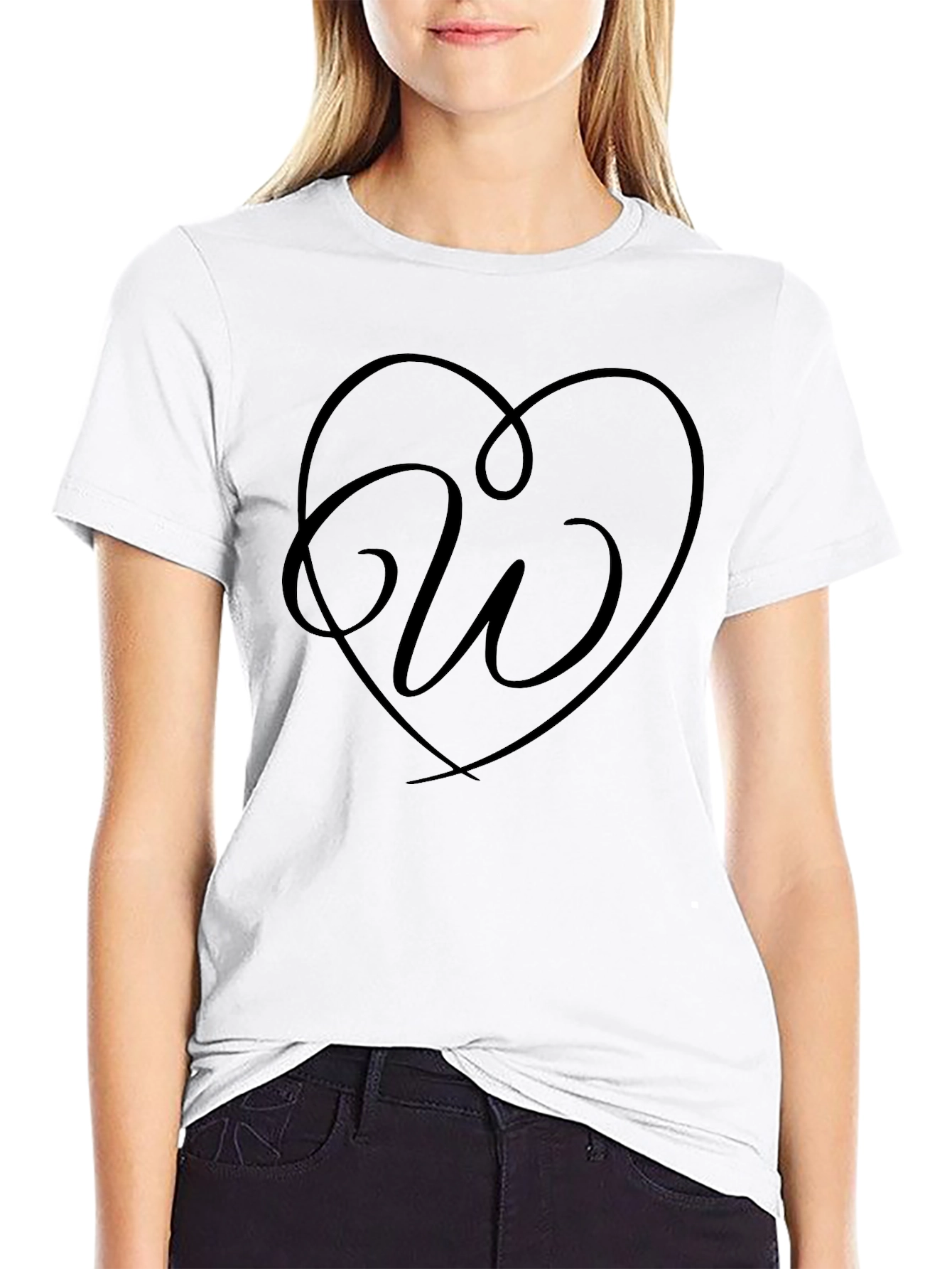 Heart Initial W Graphic Black T-Shirt