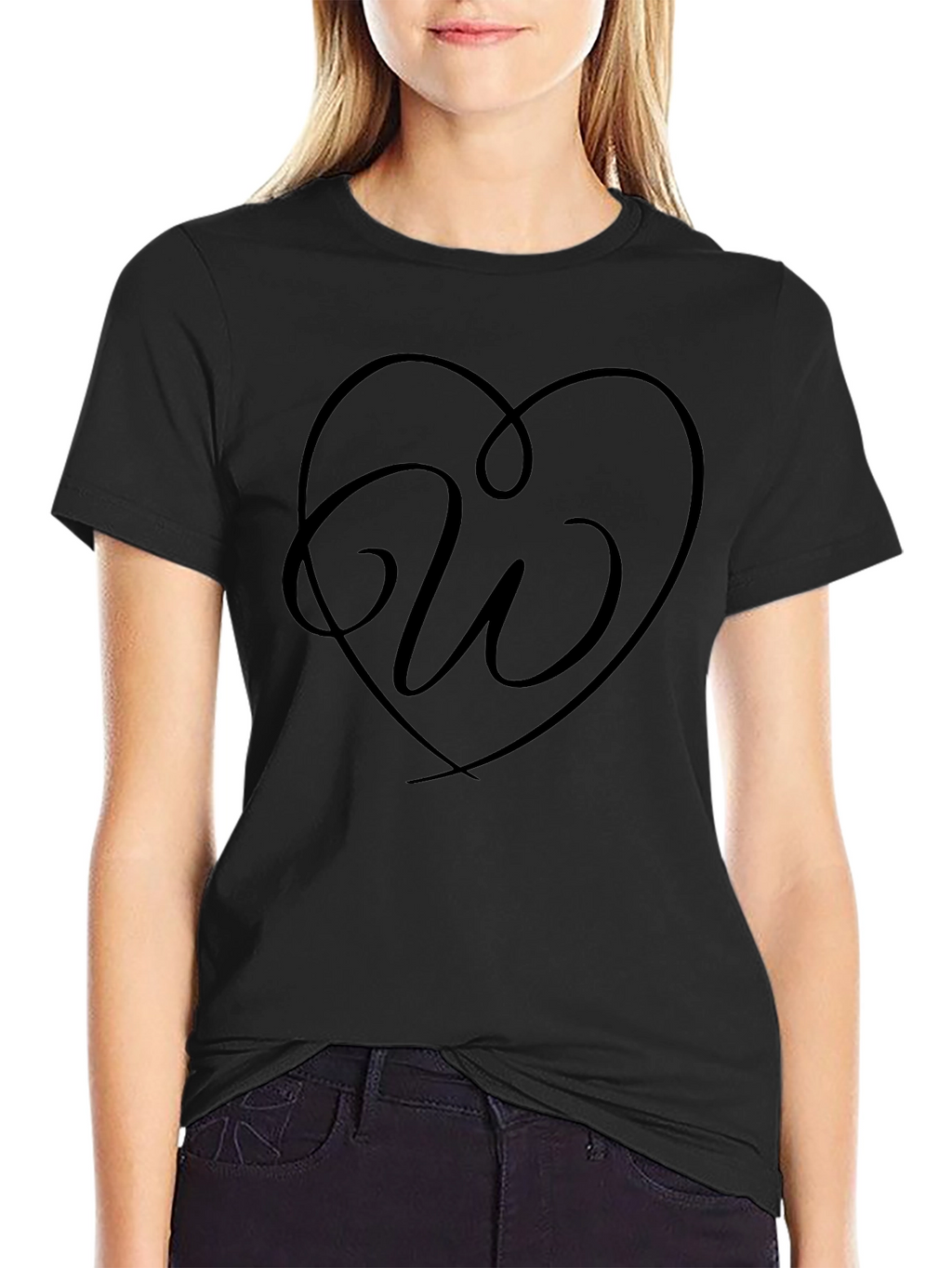 Heart Initial W Graphic Black T-Shirt
