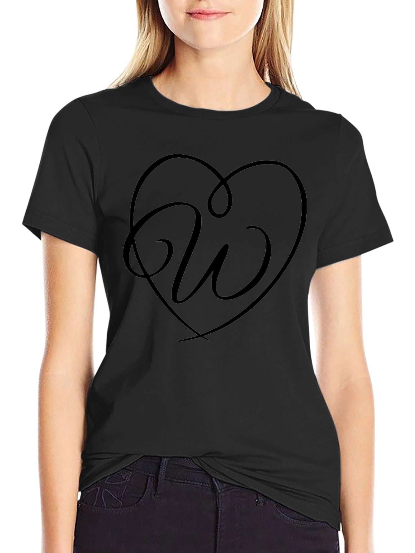 Heart Initial W Graphic Black T-Shirt