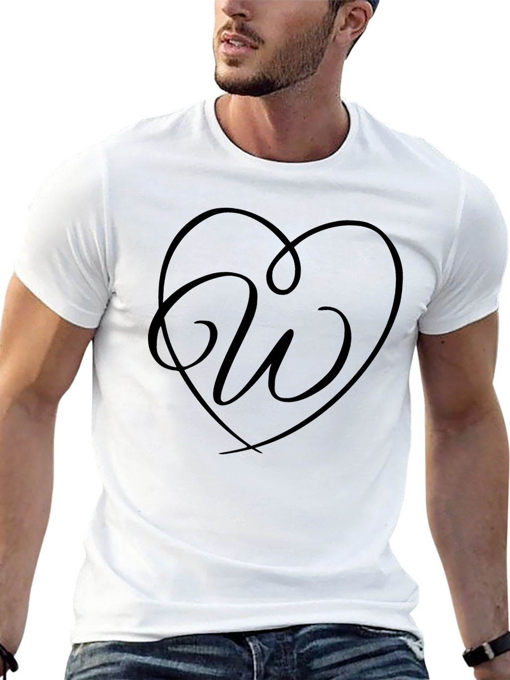 Heart Initial W Graphic Black T-Shirt