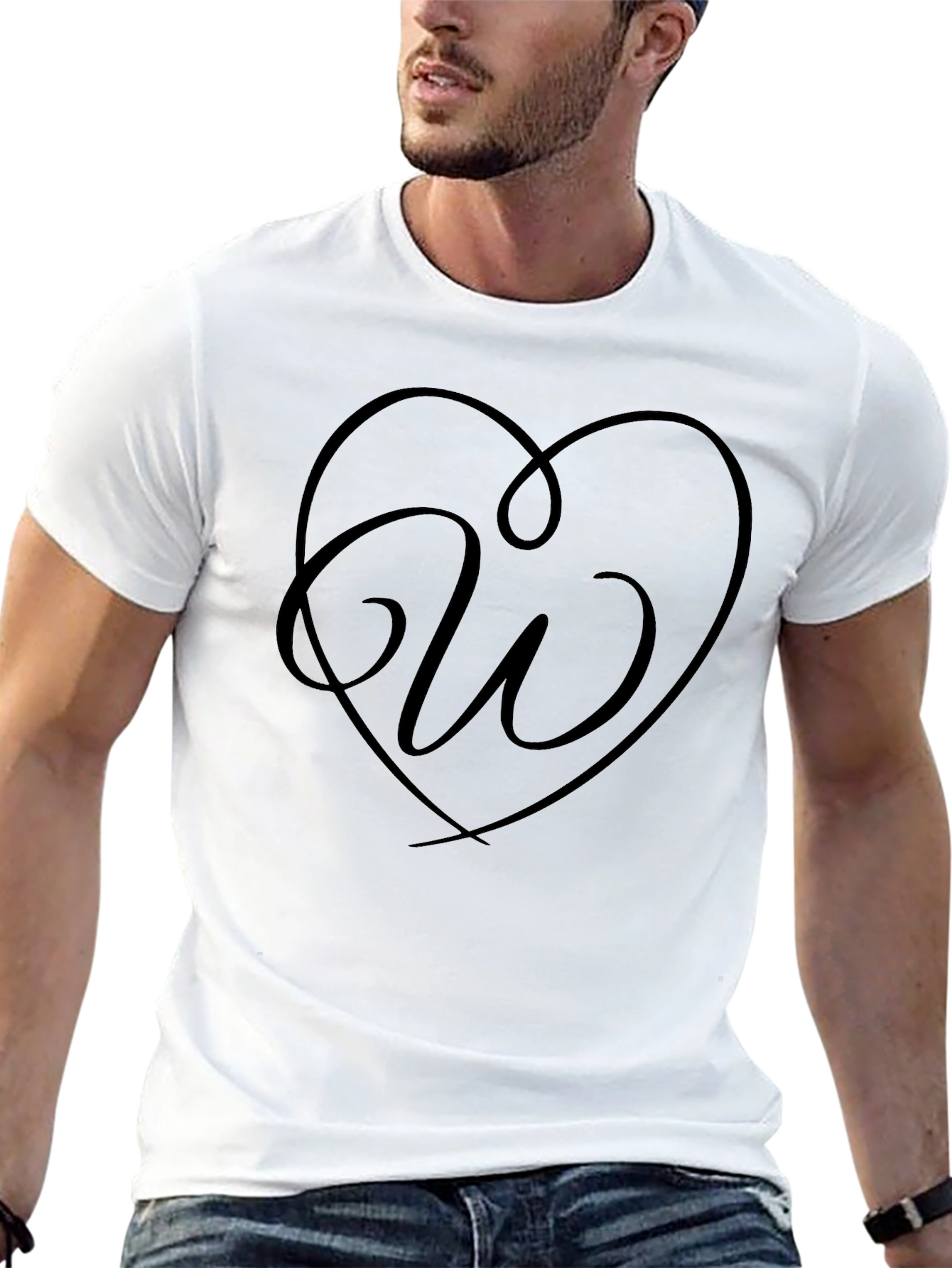 Heart Initial W Graphic Black T-Shirt
